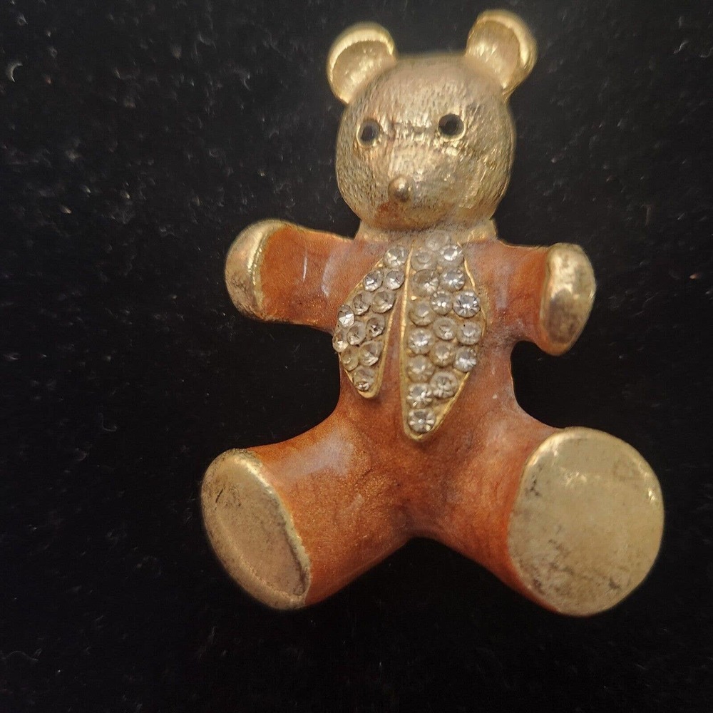 Vtg Teddy Bear brooch Pin gold tone metal rhinestone Figural‎